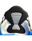 Cambridge Kayaks Deluxe Padded Kayak Seat with high backrest, shown installed on a blue sit-on-top kayak for comfort and lumbar support.