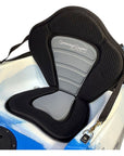 Side view of the Cambridge Kayaks Deluxe Kayak Seat attached to a kayak, displaying adjustable straps and ergonomic seat padding.