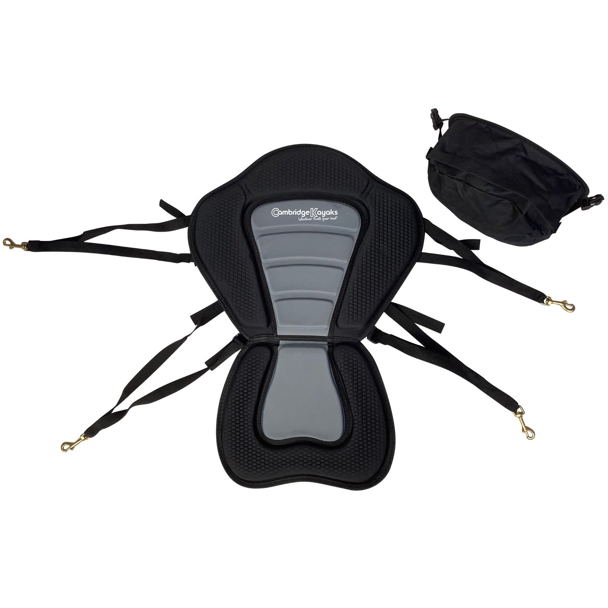Front and rear view of the Cambridge Kayaks Deluxe Kayak Seat with included storage bag and full attachment straps laid out.
