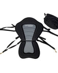Front and rear view of the Cambridge Kayaks Deluxe Kayak Seat with included storage bag and full attachment straps laid out.