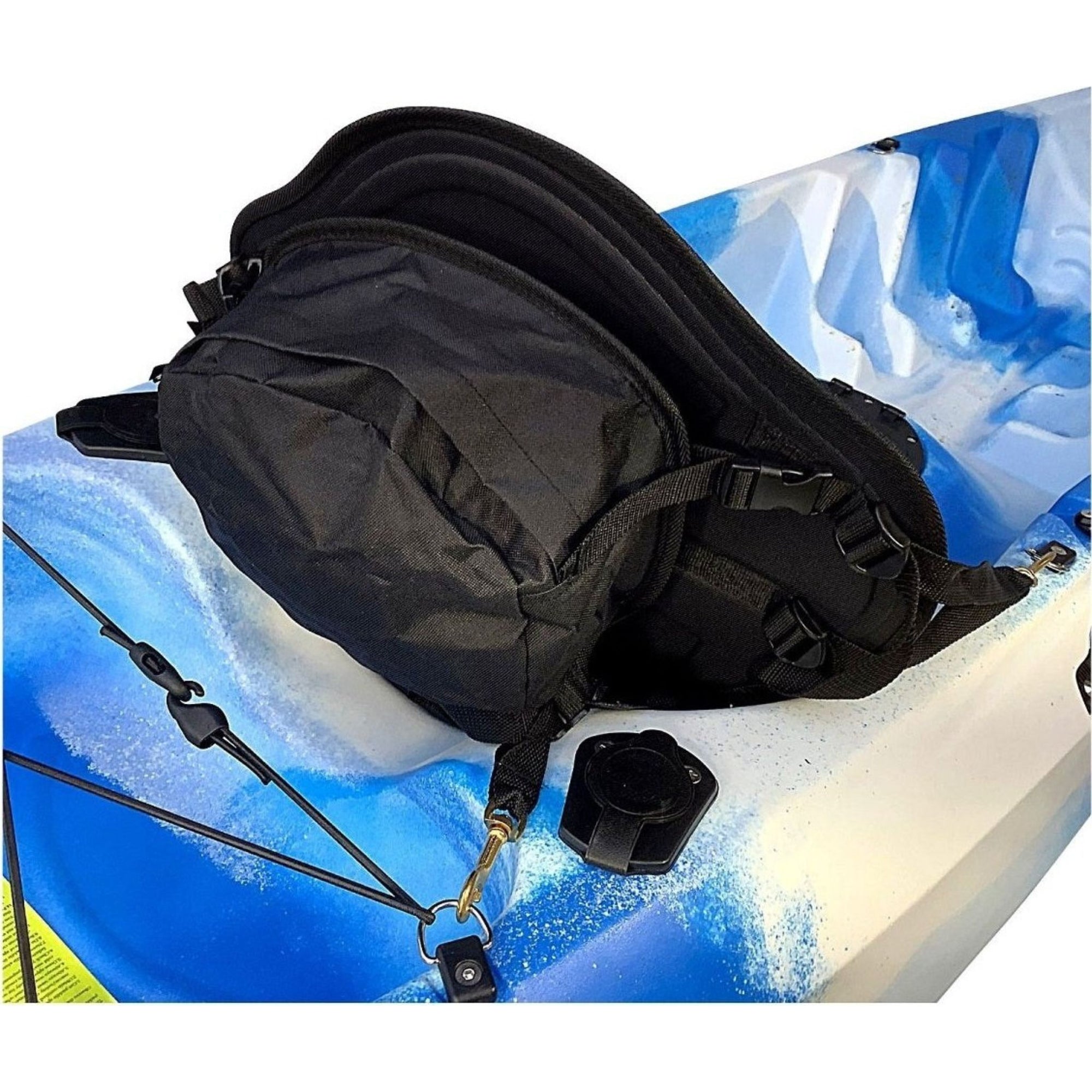 Installed rear view of the Cambridge Kayaks Deluxe Kayak Seat with secure mounting clips and tension straps for firm positioning.