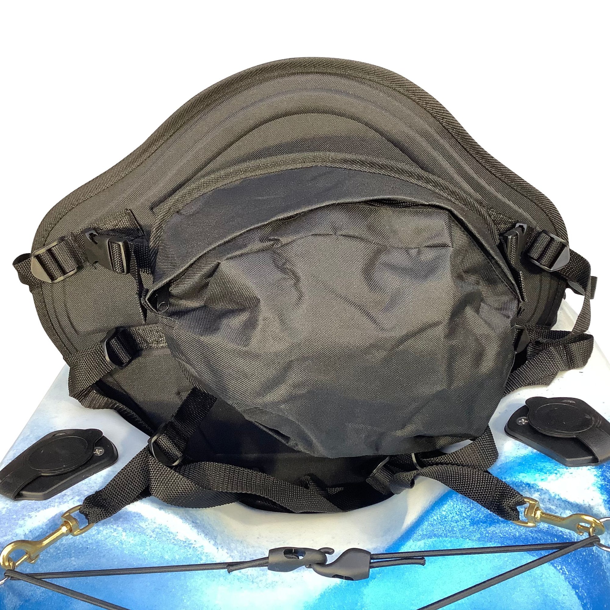 Close-up of the detachable rear storage bag on the Cambridge Kayaks Deluxe Seat, showing its zippered pocket for gear or essentials.