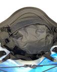Close-up of the detachable rear storage bag on the Cambridge Kayaks Deluxe Seat, showing its zippered pocket for gear or essentials.