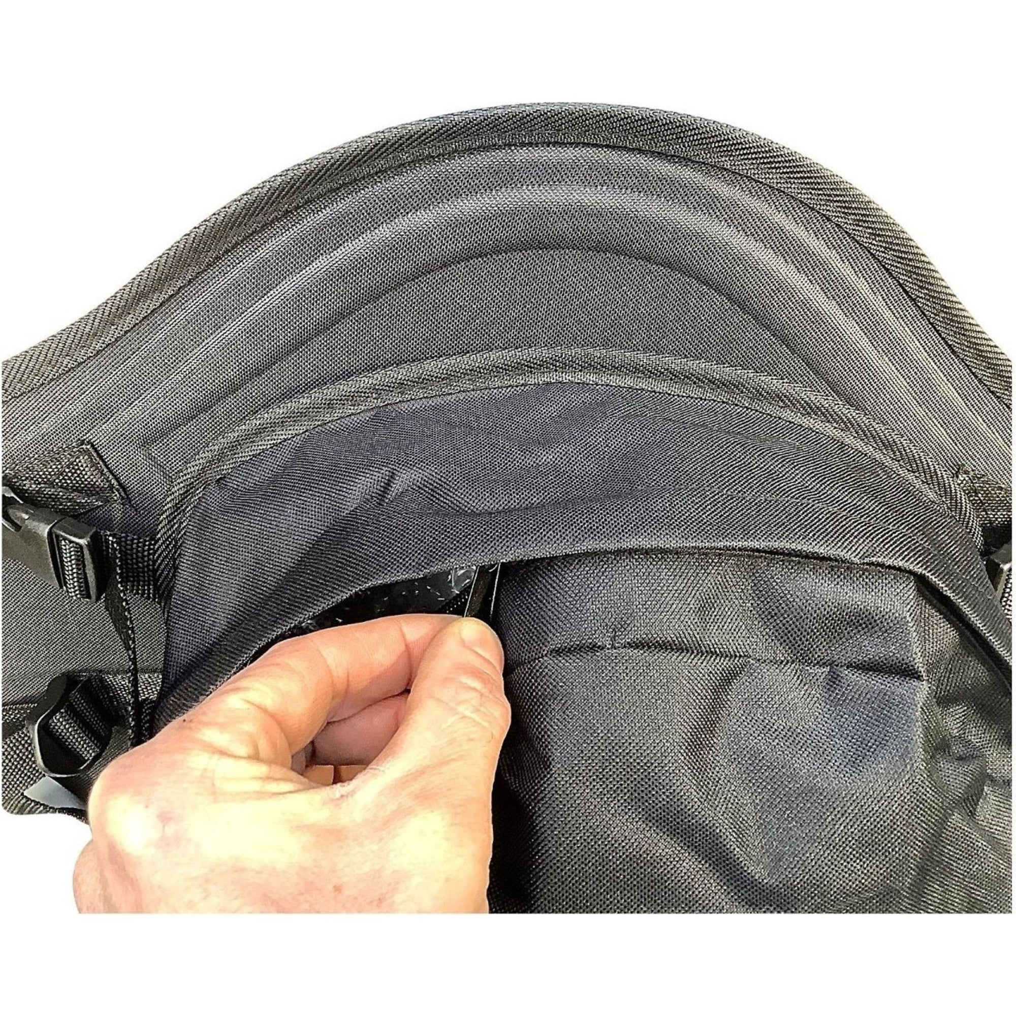Detailed close-up showing the zip fastening of the Cambridge Kayaks Deluxe Seat’s storage pouch for easy access and water-resistant protection.