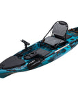 Alternate angled view of the Discovery 10ft Pro Fishing Kayak in blue black camo. Displays front storage hatch, seat position, and bungee rear area.