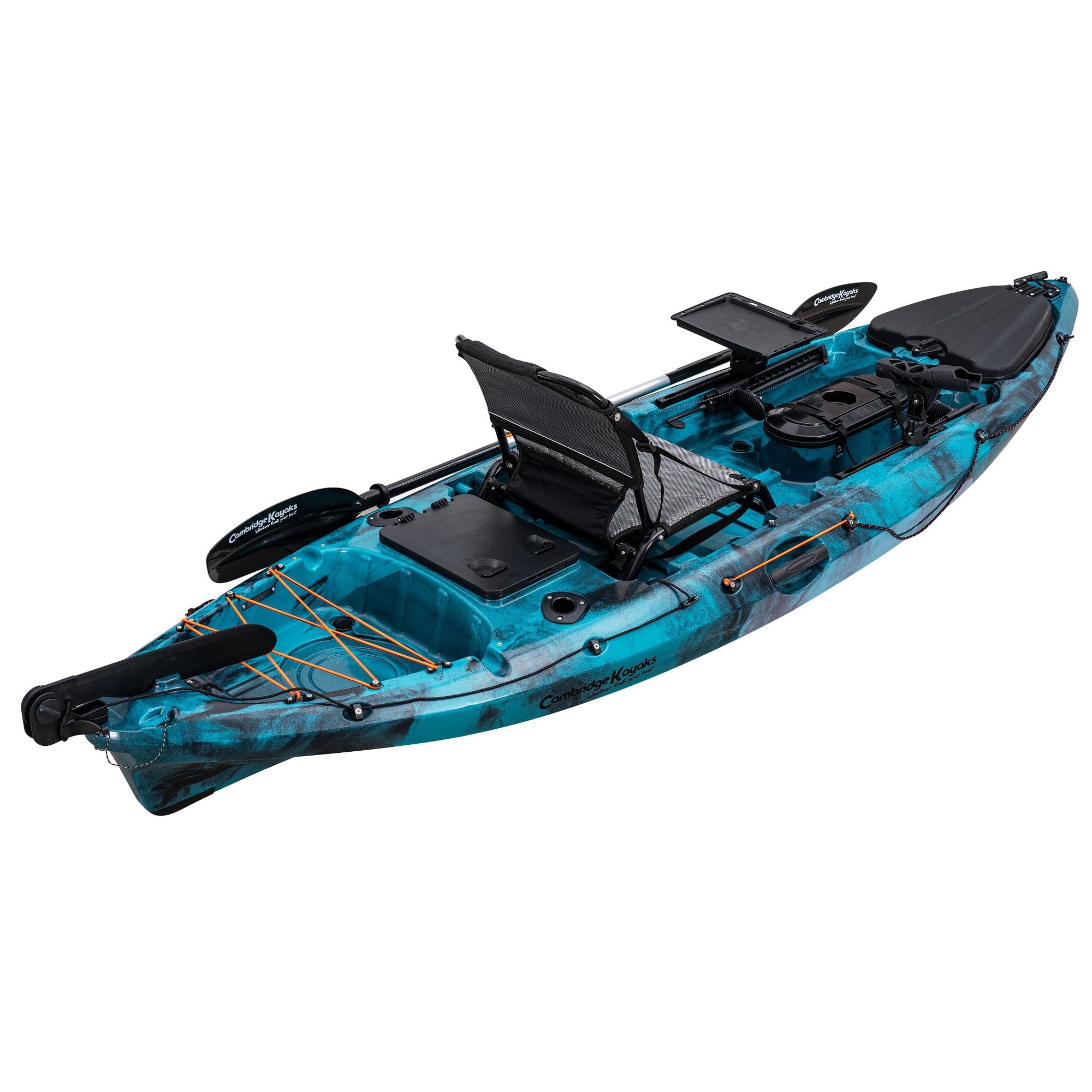 Angled view of the Discovery 10ft Pro Fishing Kayak in blue black camo. Displays seat setup, footrest placement, and hatch locations for convenience while fishing.