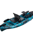 Angled view of the Discovery 10ft Pro Fishing Kayak in blue black camo. Displays seat setup, footrest placement, and hatch locations for convenience while fishing.