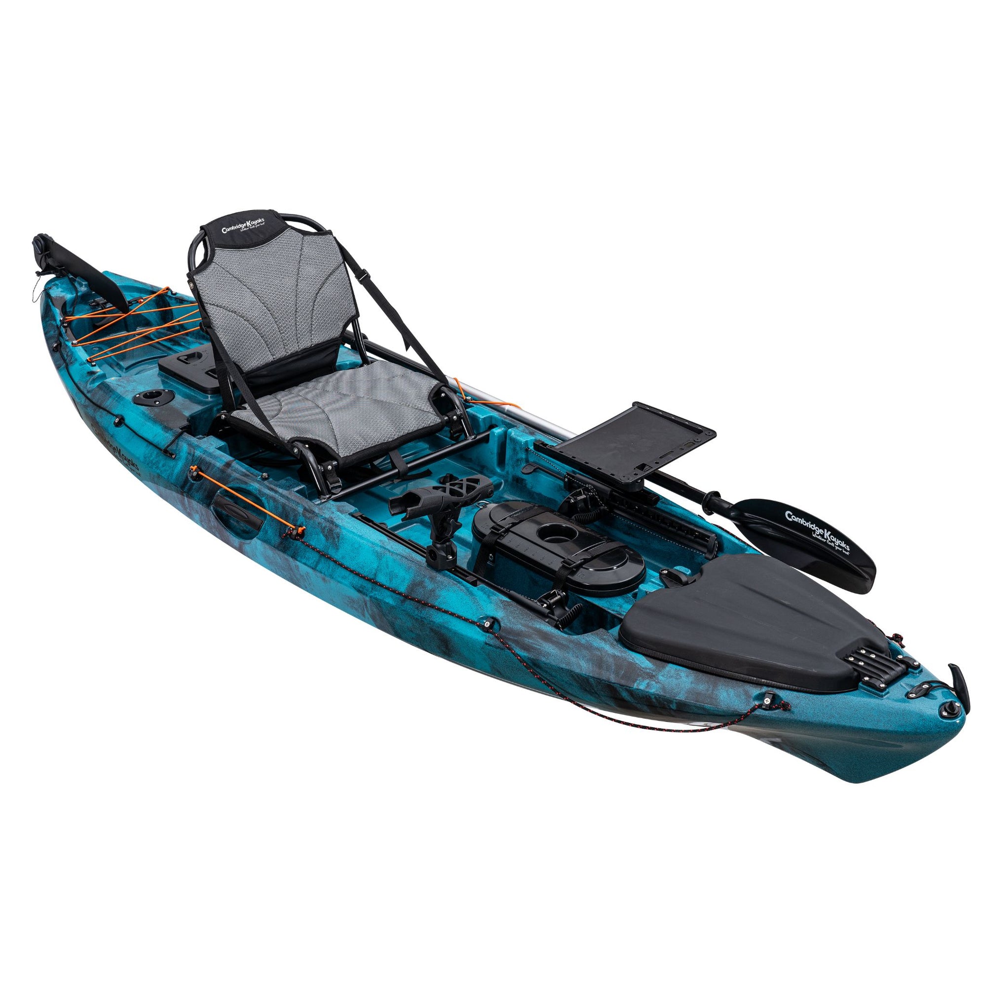 Side profile of the Cambridge Kayaks Discovery 10ft Pro Fishing Kayak in blue black camo. Shows sleek hull shape for balance and speed across flat or choppy water.