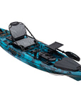 Side profile of the Cambridge Kayaks Discovery 10ft Pro Fishing Kayak in blue black camo. Shows sleek hull shape for balance and speed across flat or choppy water.