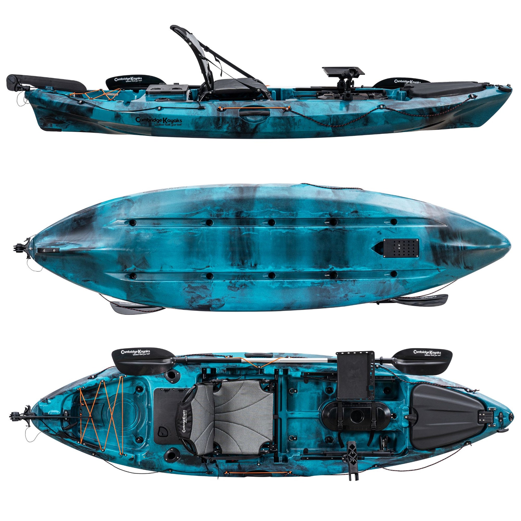 Cambridge Kayaks Discovery 10ft Pro Fishing Kayak in blue black camo. Premium sit-on-top kayak designed for both fishing and touring with stable hull and adjustable seat.