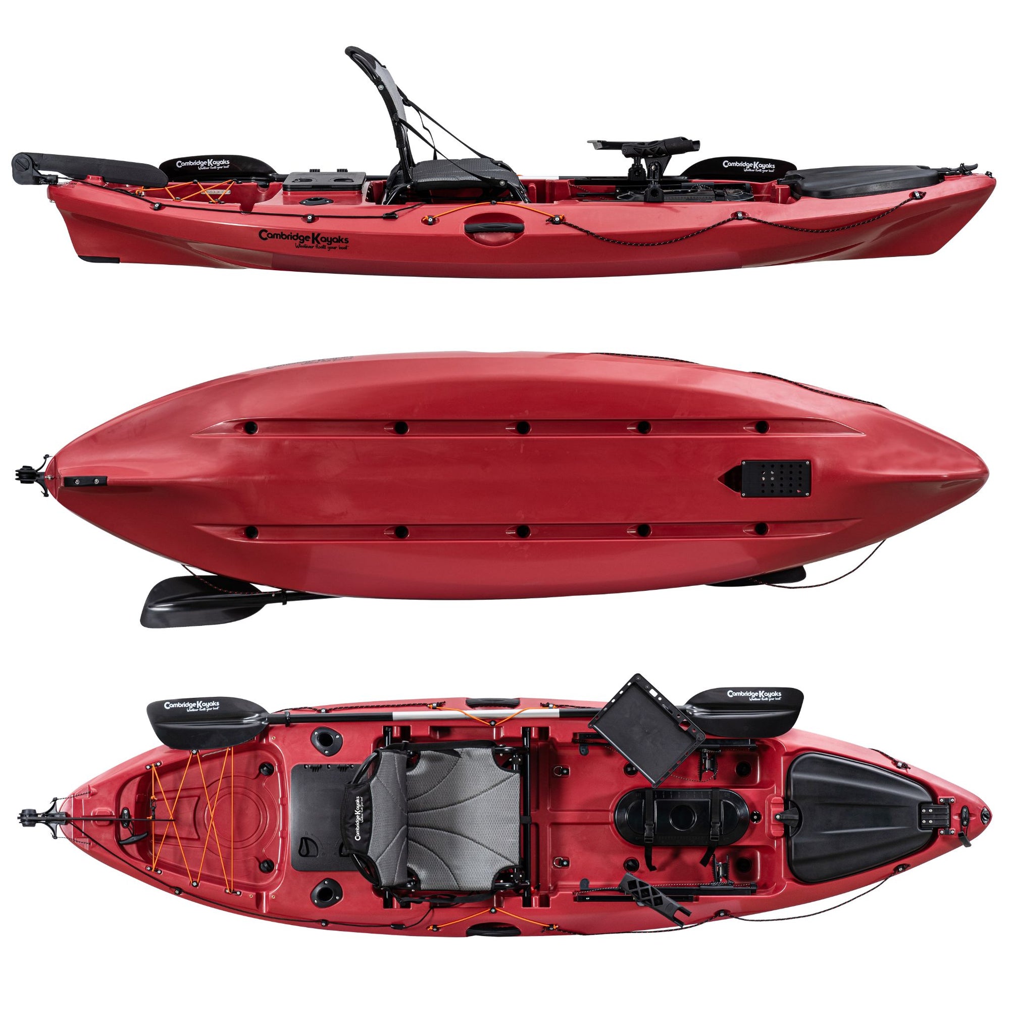 Angled view of the Discovery 10ft Pro Fishing Kayak in dark red. Displays seating layout, rod holders, and storage area ideal for leisure paddling or fishing.