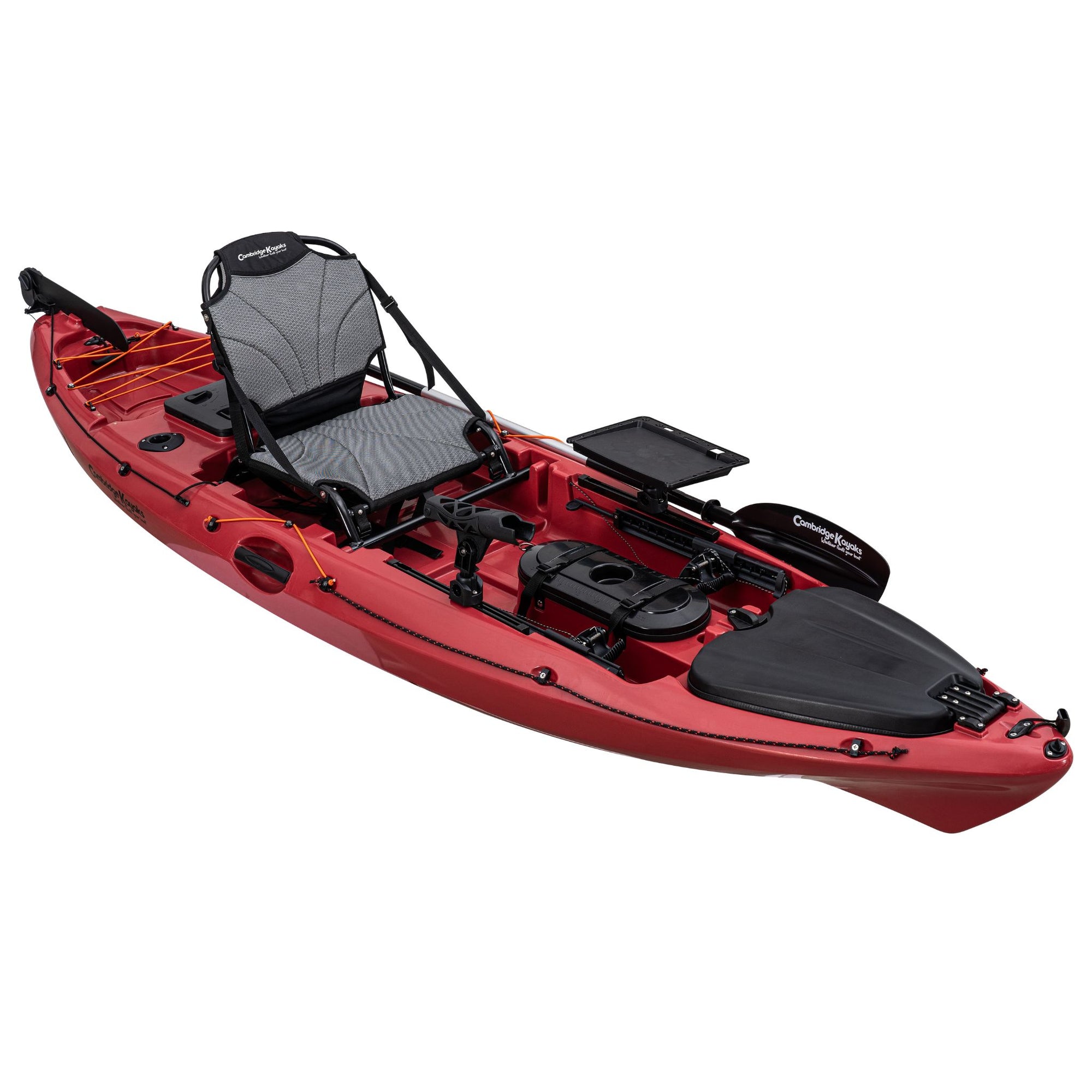 Side profile of the Cambridge Kayaks Discovery 10ft Pro Fishing Kayak in dark red. Highlights streamlined hull shape and rear storage for balanced performance.