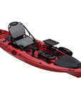 Side profile of the Cambridge Kayaks Discovery 10ft Pro Fishing Kayak in dark red. Highlights streamlined hull shape and rear storage for balanced performance.