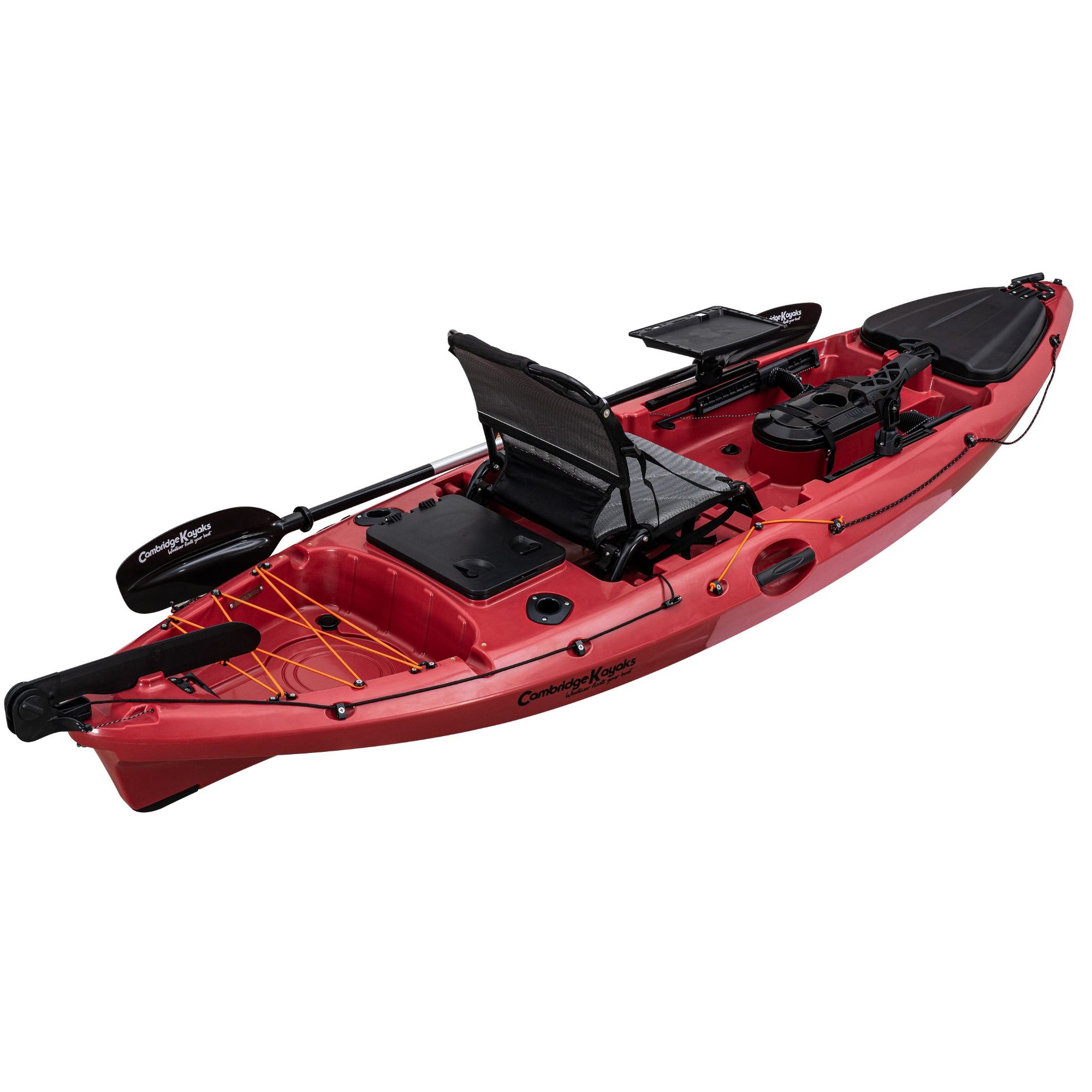 Top view of the Cambridge Kayaks Discovery 10ft Pro Fishing Kayak in dark red. Shows seat, hatches, footrests, and storage design for practical angling use.
