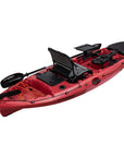 Top view of the Cambridge Kayaks Discovery 10ft Pro Fishing Kayak in dark red. Shows seat, hatches, footrests, and storage design for practical angling use.