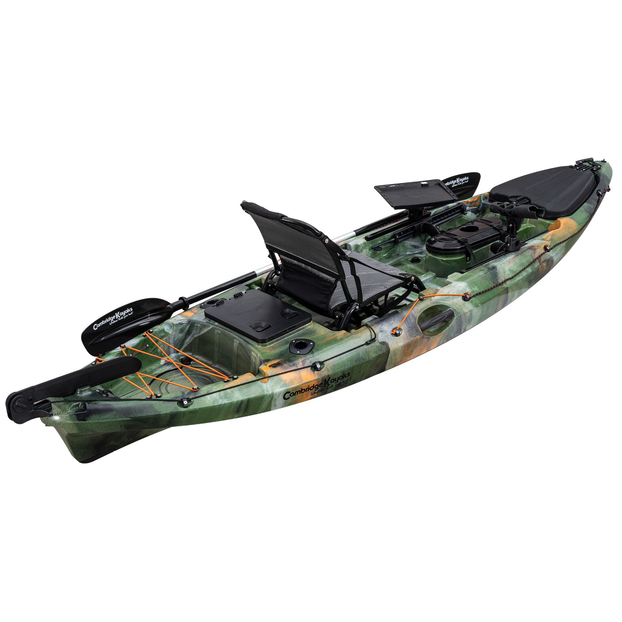Alternate angled view of the Cambridge Kayaks Discovery 10ft Pro Fishing Kayak in jungle camo. Displays detailed top layout for anglers and touring paddlers.
