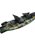 Alternate angled view of the Cambridge Kayaks Discovery 10ft Pro Fishing Kayak in jungle camo. Displays detailed top layout for anglers and touring paddlers.