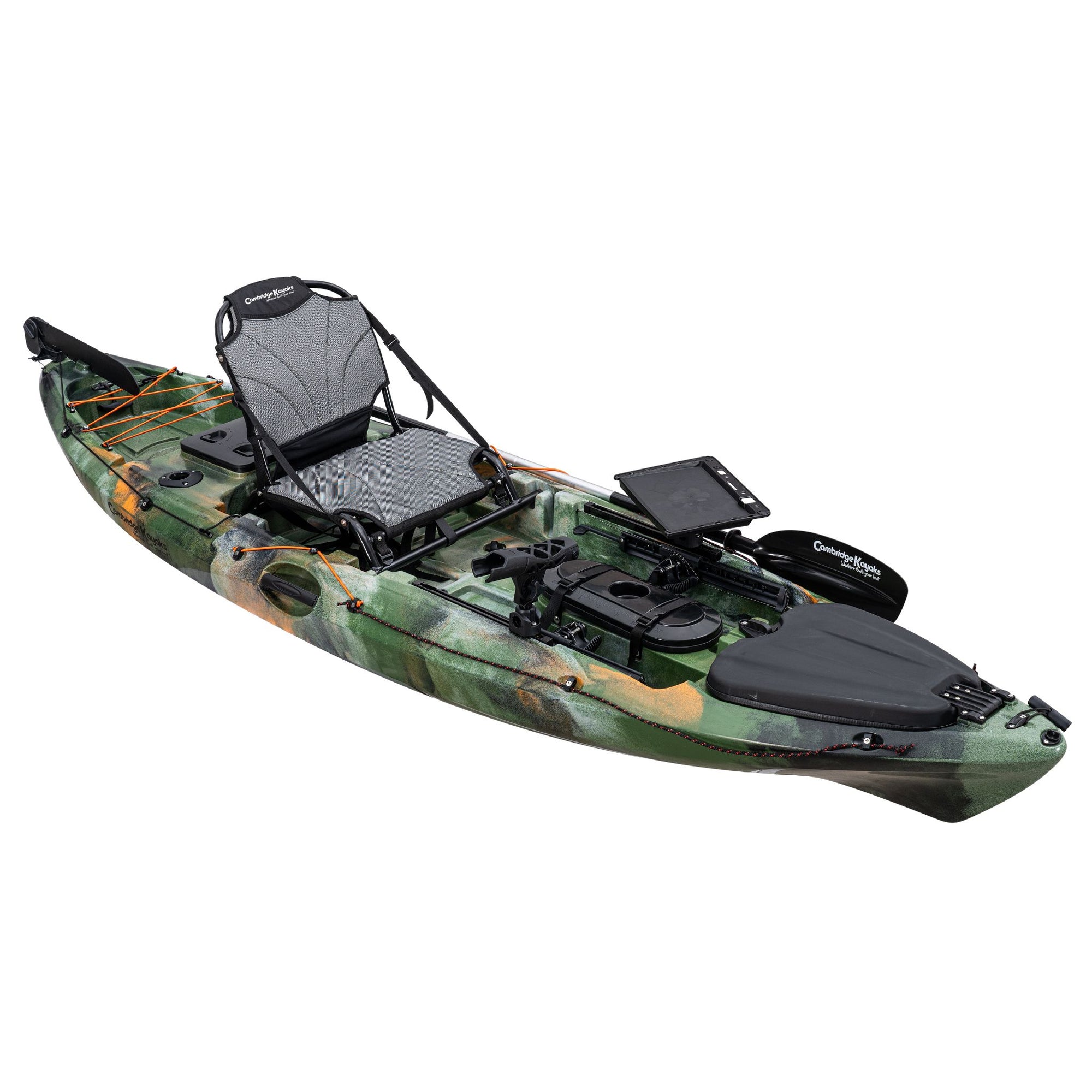 Angled view of the Discovery 10ft Pro Fishing Kayak in jungle camo. Highlights adjustable seat, multiple hatches, and rod holder placements.
