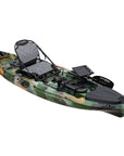 Angled view of the Discovery 10ft Pro Fishing Kayak in jungle camo. Highlights adjustable seat, multiple hatches, and rod holder placements.
