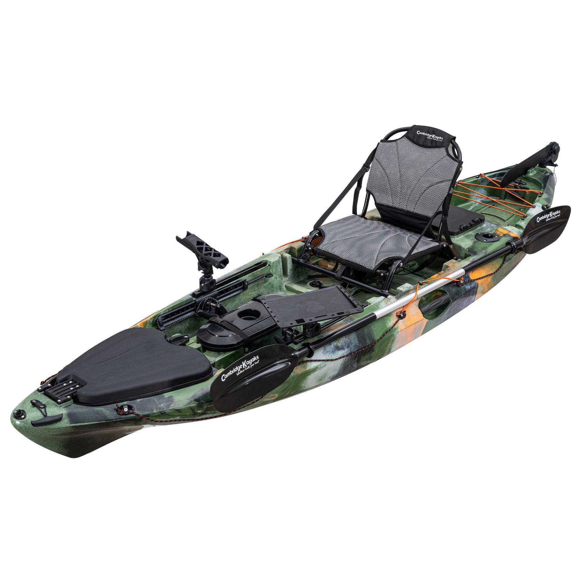 Side profile of the Cambridge Kayaks Discovery 10ft Pro Fishing Kayak in jungle camo. Shows durable hull, footrests, and rear storage bungee system.