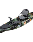 Side profile of the Cambridge Kayaks Discovery 10ft Pro Fishing Kayak in jungle camo. Shows durable hull, footrests, and rear storage bungee system.