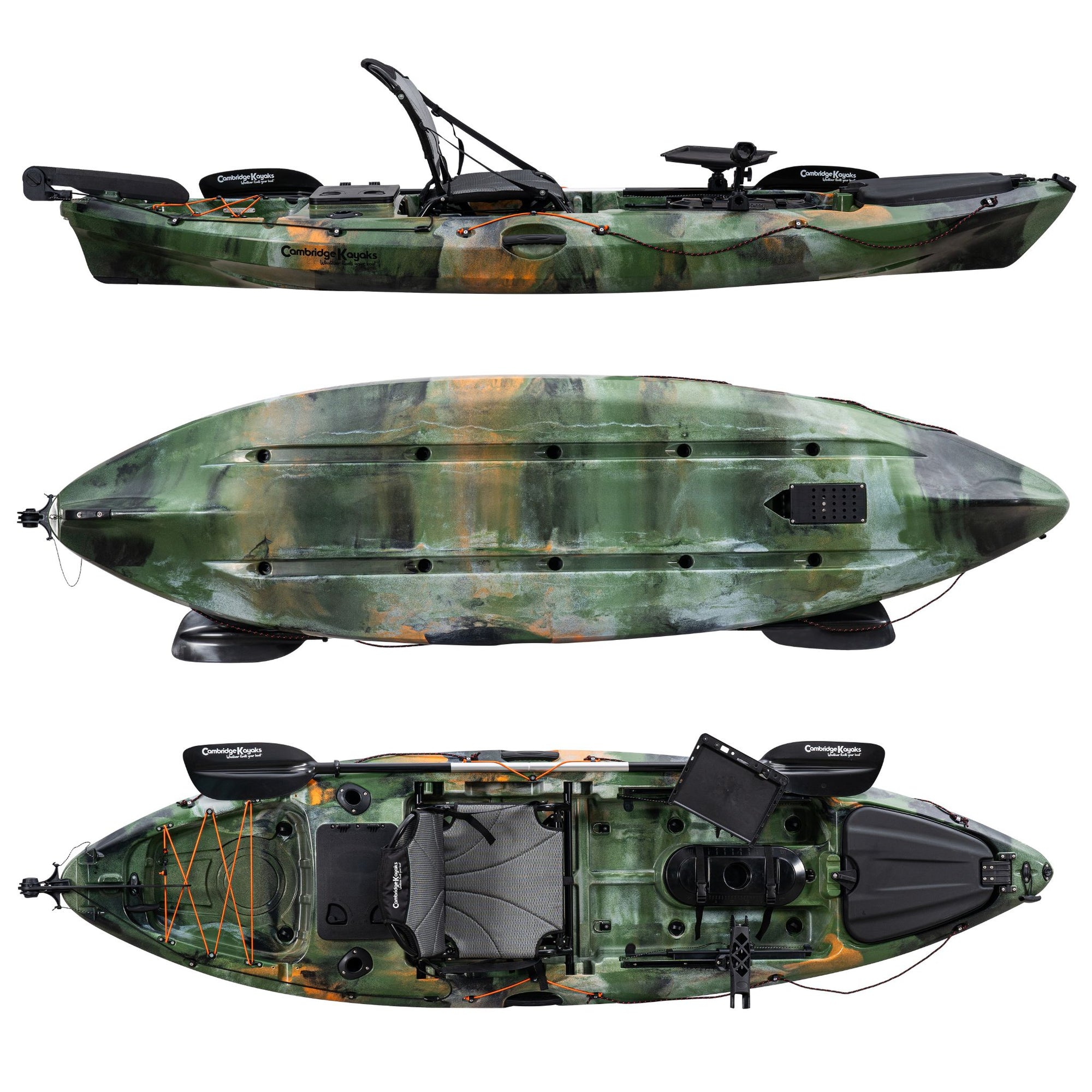 Cambridge Kayaks Discovery 10ft Pro Fishing Kayak in jungle camo. Rugged and reliable fishing kayak built for UK waters, ideal for lakes, rivers, and coastal paddling.