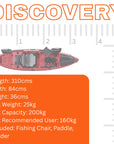 Cambridge Kayaks Discovery fishing kayak specifications chart showing a red sit-on-top kayak with dimensions: length 310 cm, width 84 cm, height 36 cm, hull weight 25 kg, max capacity 200 kg, and recommended user weight 160 kg. Includes fishing chair, paddle, and rudder.