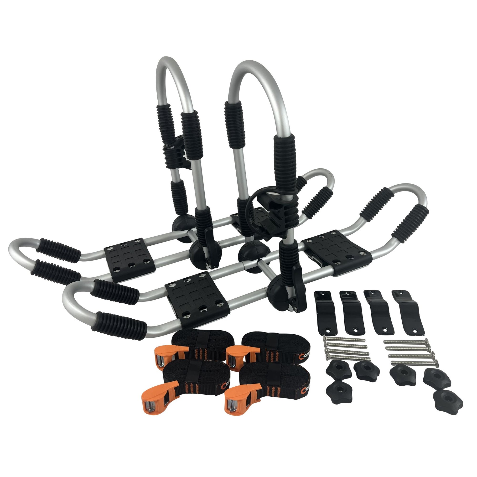 Full Cambridge Kayaks Double J Bars set displayed, including both dual cradles, mounting brackets, and installation fittings. Each bar features thick padding and a silver aluminium frame for strength and support.