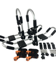 Full Cambridge Kayaks Double J Bars set displayed, including both dual cradles, mounting brackets, and installation fittings. Each bar features thick padding and a silver aluminium frame for strength and support.