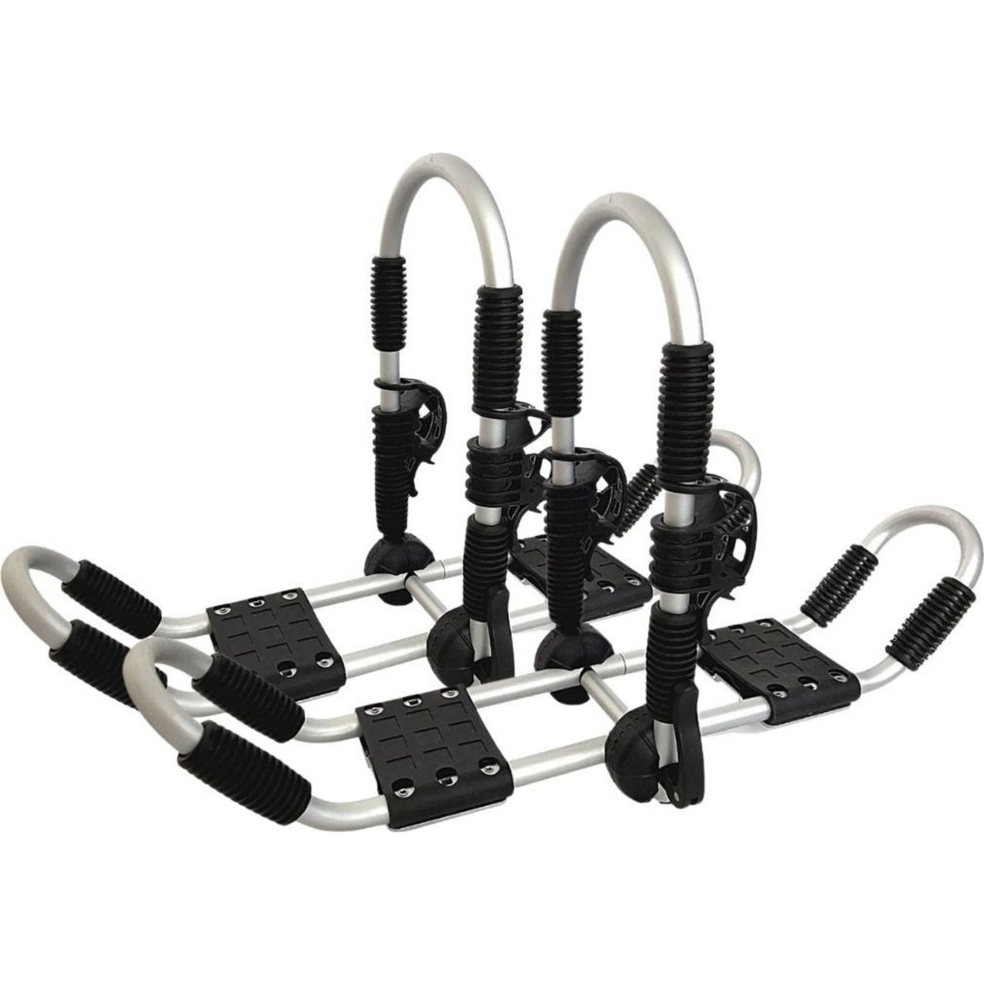 Front view of the Cambridge Kayaks Double J Bars, showing both padded cradle arms attached to the durable aluminium base. The design highlights the protective foam padding used to hold kayaks securely in transit.