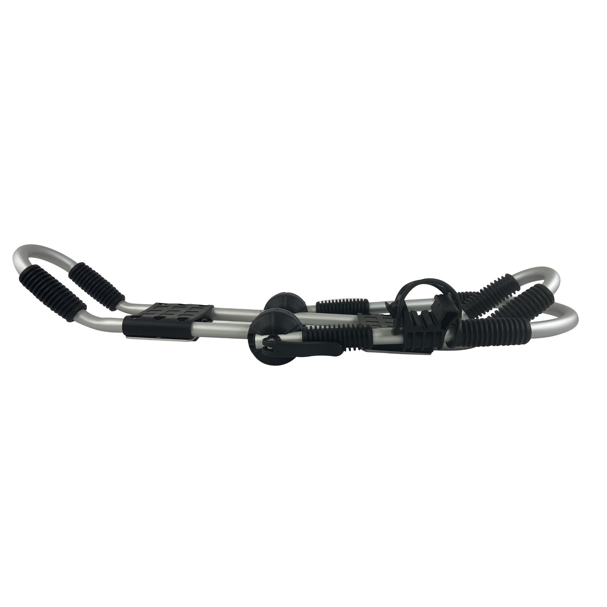 Cambridge Kayaks Double J Bars laid horizontally to show the full base length and arm structure, with both cradles extended and padding visible.