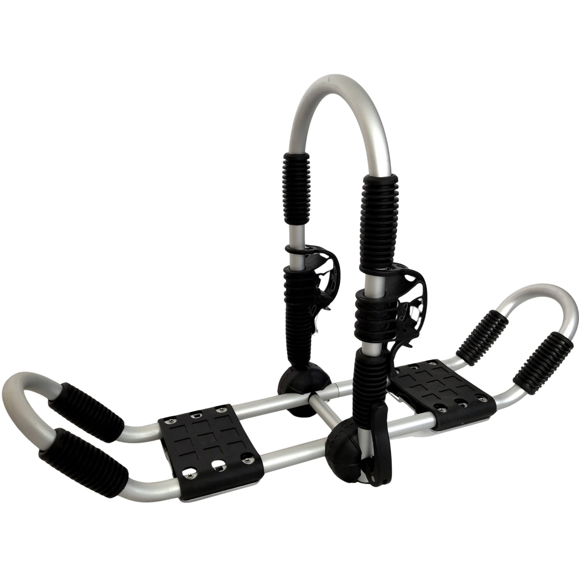 Side view of the Cambridge Kayaks Double J Bars, clearly showing the twin arm structure and curved cradle design used for stabilising kayaks during roof transport.
