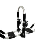 Side view of the Cambridge Kayaks Double J Bars, clearly showing the twin arm structure and curved cradle design used for stabilising kayaks during roof transport.