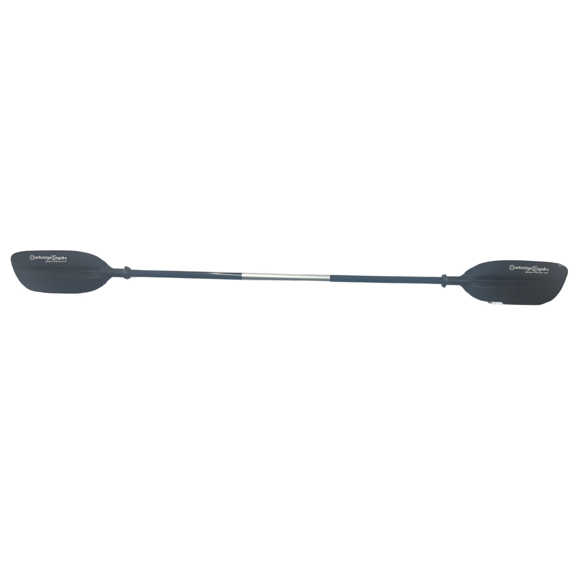 Side view of the Cambridge Kayaks aluminium double paddle with balanced black blades, fully assembled.