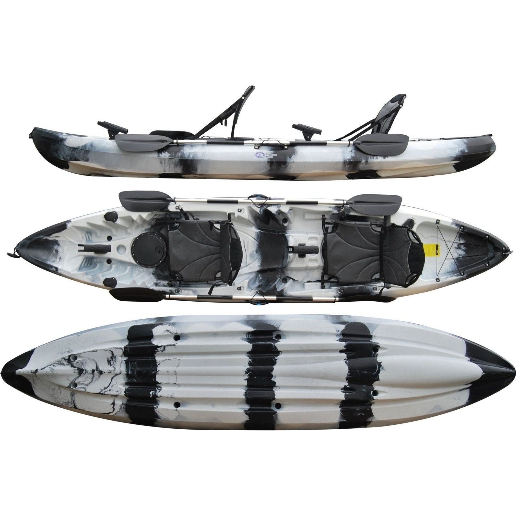 Cambridge Kayaks double sit on top fishing kayak in black white camo, stable tandem kayak with rod holders and storage, perfect for sea, river and lake fishing in the UK