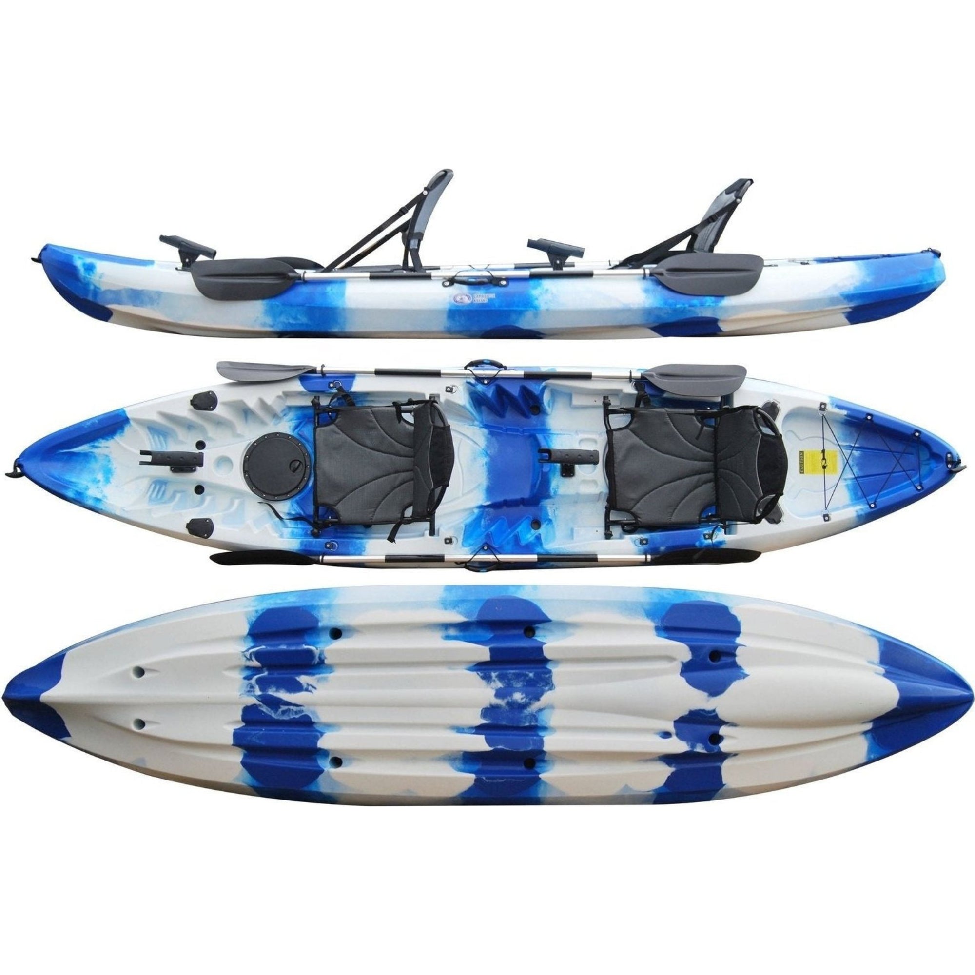 Cambridge Kayaks double sit on top fishing kayak in blue white camo, durable tandem kayak ideal for family leisure paddling and angling, one of the best sit on top kayaks UK