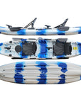 Cambridge Kayaks double sit on top fishing kayak in blue white camo, durable tandem kayak ideal for family leisure paddling and angling, one of the best sit on top kayaks UK
