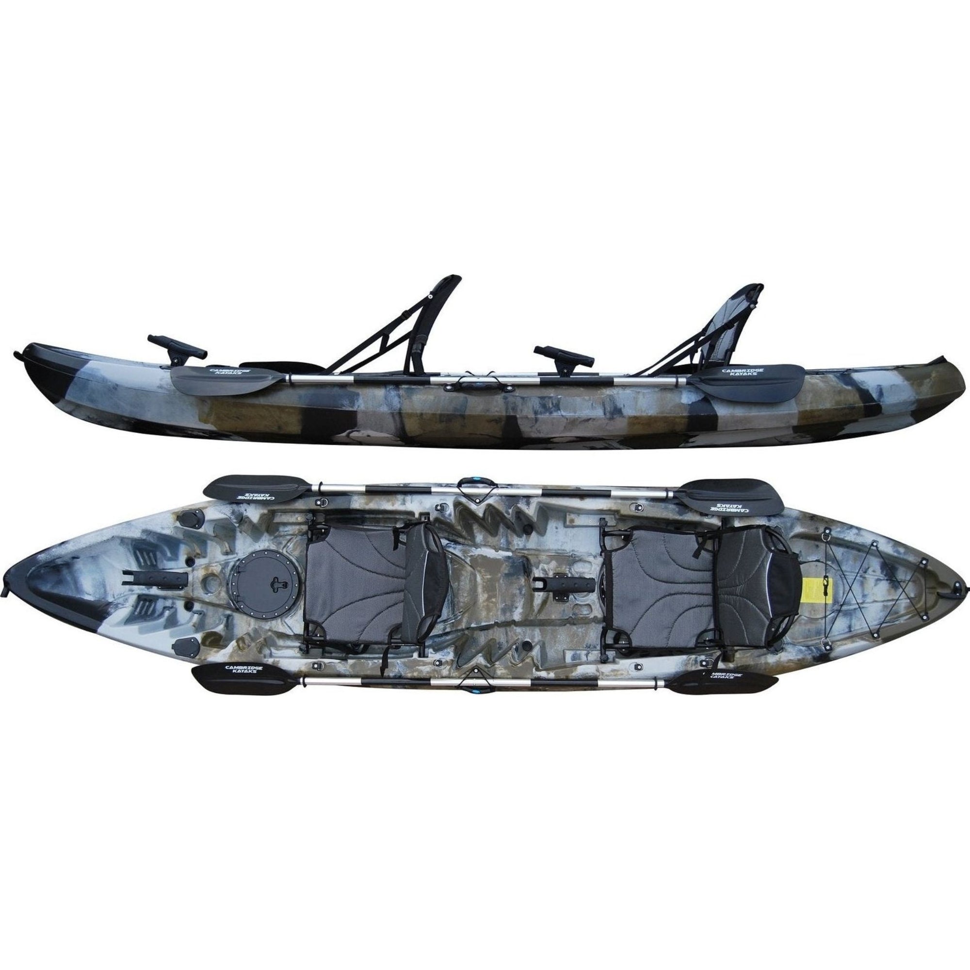 Tandem sit on top fishing kayak with two seats in camo design, shown from top and side view