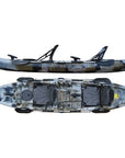 Tandem sit on top fishing kayak with two seats in camo design, shown from top and side view