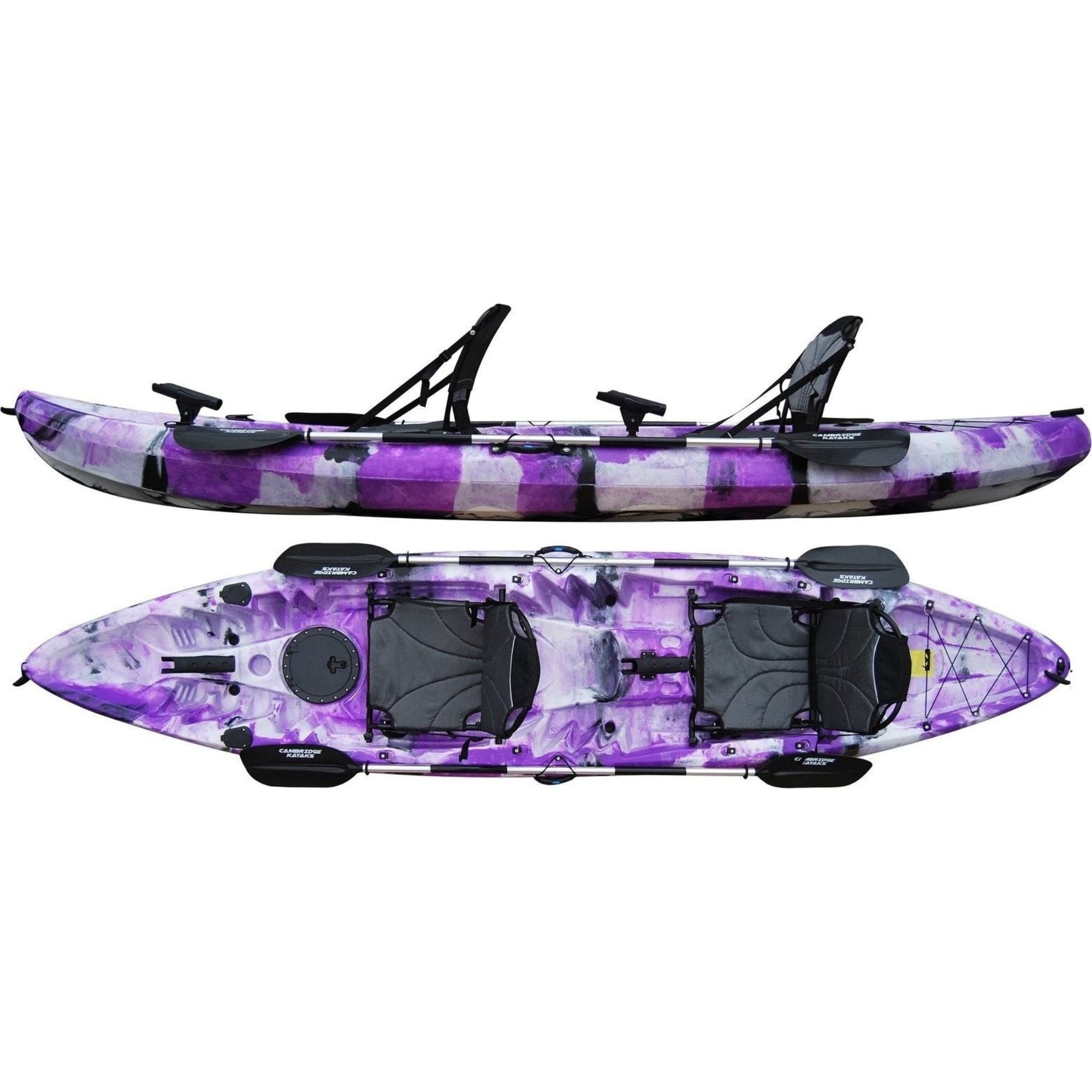 Cambridge Kayaks double sit on top fishing kayak in purple camo, colourful tandem kayak ideal for families and fishing trips, stable and lightweight for sea or river use