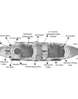 Specifications diagram of Cambridge Kayaks double sit on top fishing kayak showing seating, storage, rod holder positions and footrests