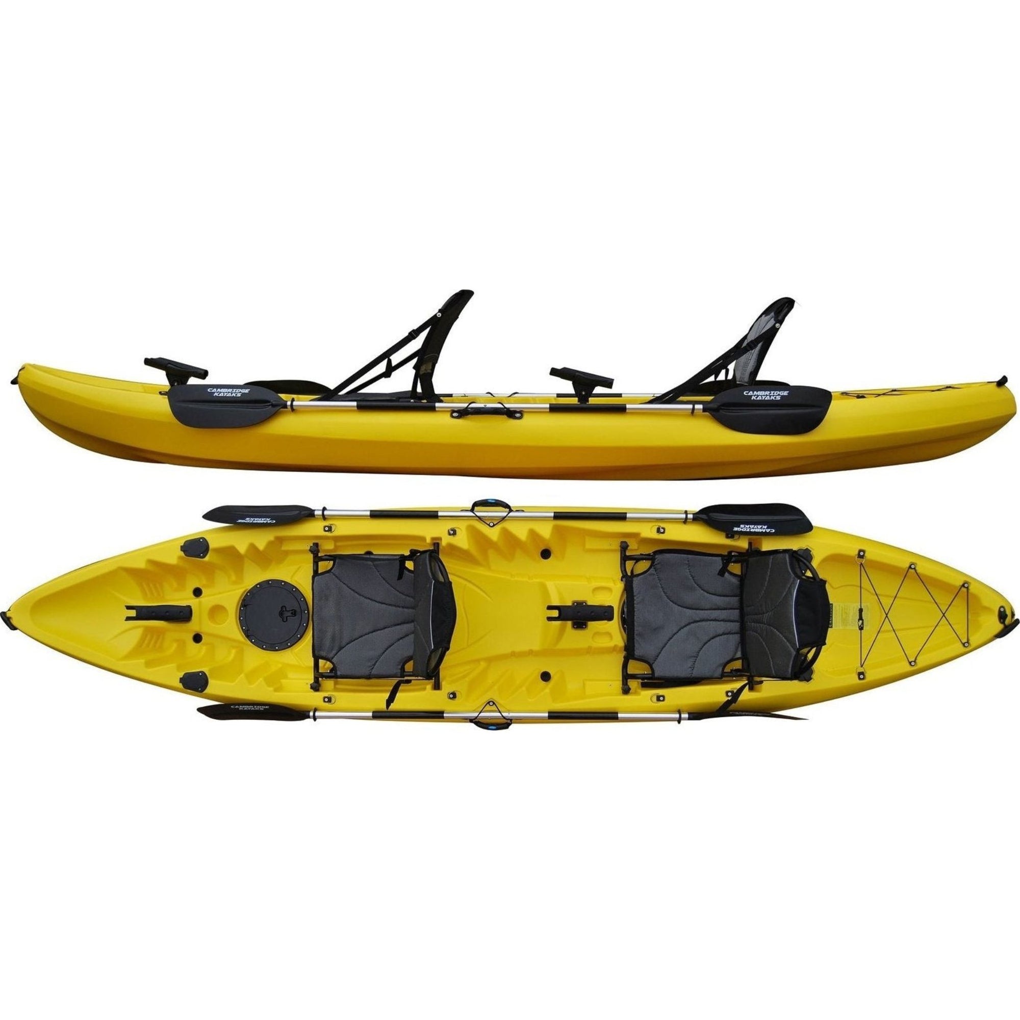 Cambridge Kayaks double sit on top fishing kayak in bright yellow, family tandem kayak designed for leisure paddling, angling and touring with adjustable seating
