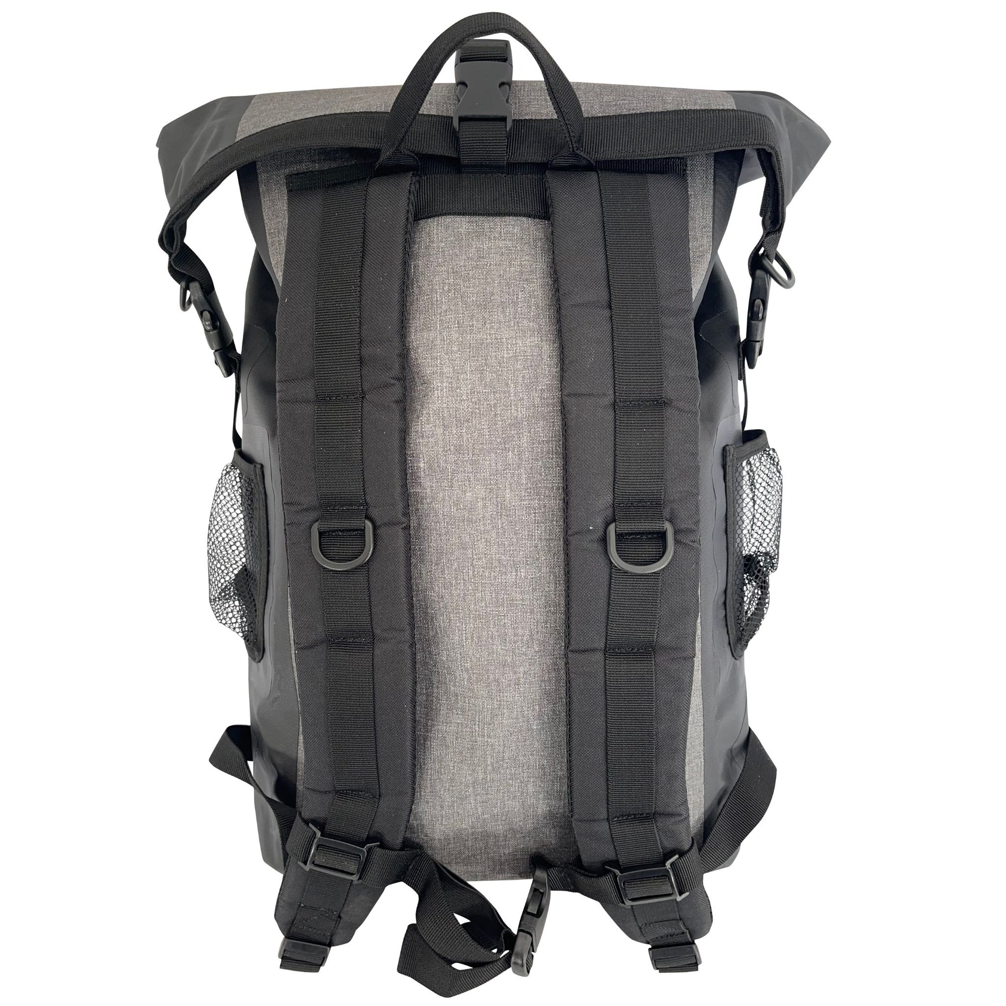 Rear view of the Cambridge Kayaks Dry Bag Backpack in grey showing the padded shoulder straps, adjustable chest clip, and ergonomic design for comfortable long-distance wear.