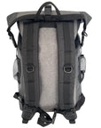 Rear view of the Cambridge Kayaks Dry Bag Backpack in grey showing the padded shoulder straps, adjustable chest clip, and ergonomic design for comfortable long-distance wear.