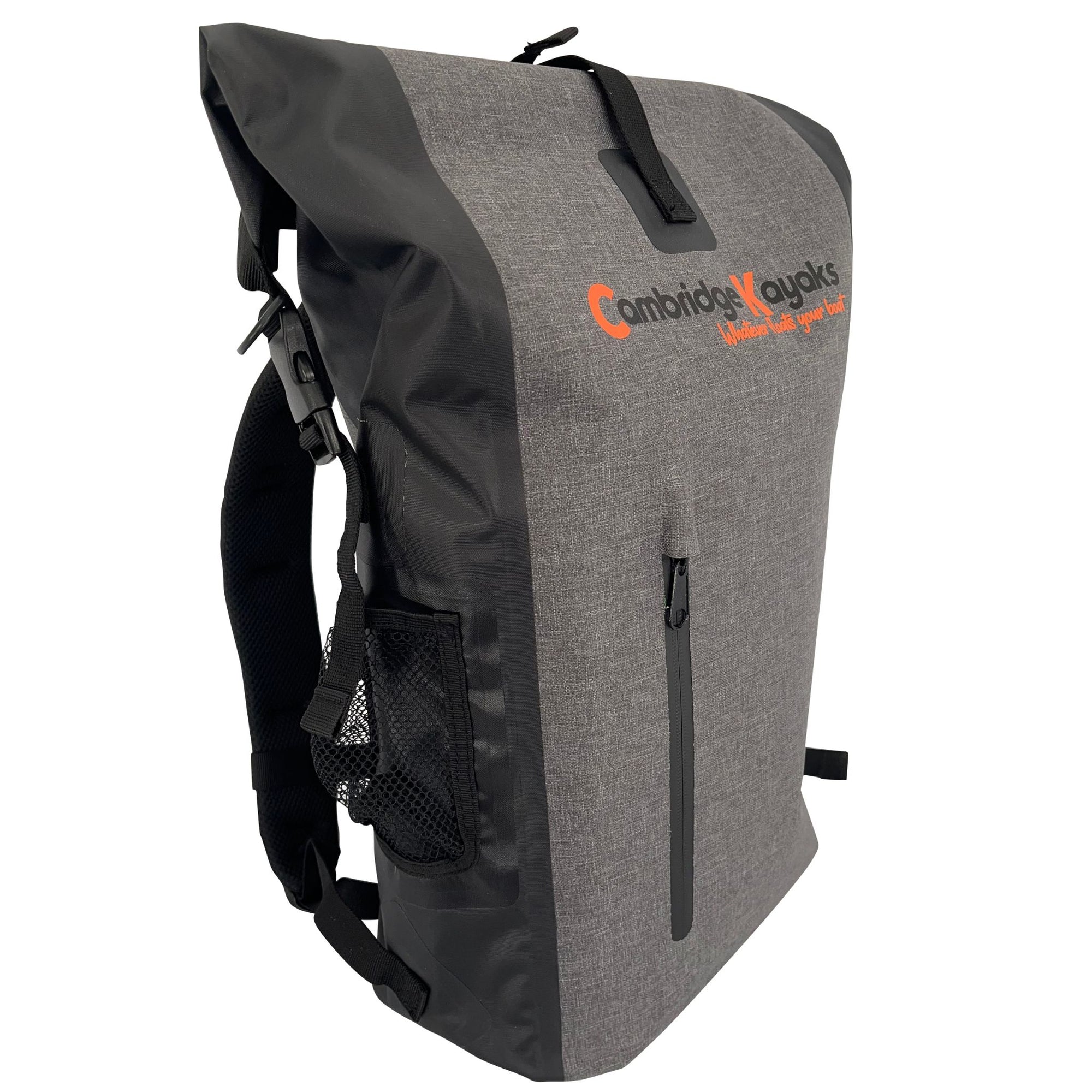 Front angled view of the Cambridge Kayaks Dry Bag Backpack in grey, showing the waterproof fabric, sealed seams, and Cambridge Kayaks logo for a durable, stylish outdoor design.