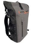 Front angled view of the Cambridge Kayaks Dry Bag Backpack in grey, showing the waterproof fabric, sealed seams, and Cambridge Kayaks logo for a durable, stylish outdoor design.