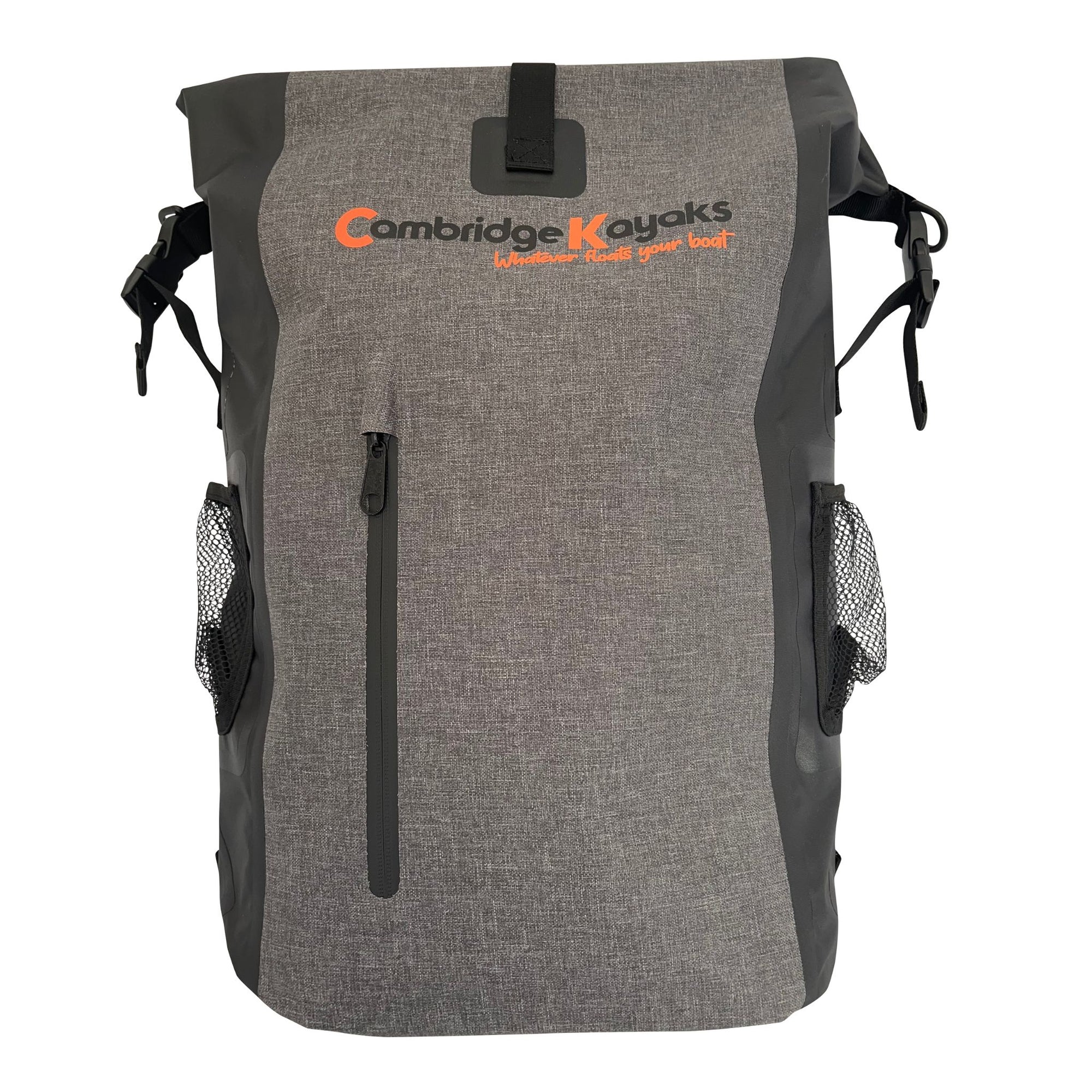 Front view of the Cambridge Kayaks Dry Bag Backpack highlighting the vertical waterproof zip pocket and roll-top closure designed to keep gear protected from water and moisture.