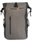 Front view of the Cambridge Kayaks Dry Bag Backpack highlighting the vertical waterproof zip pocket and roll-top closure designed to keep gear protected from water and moisture.