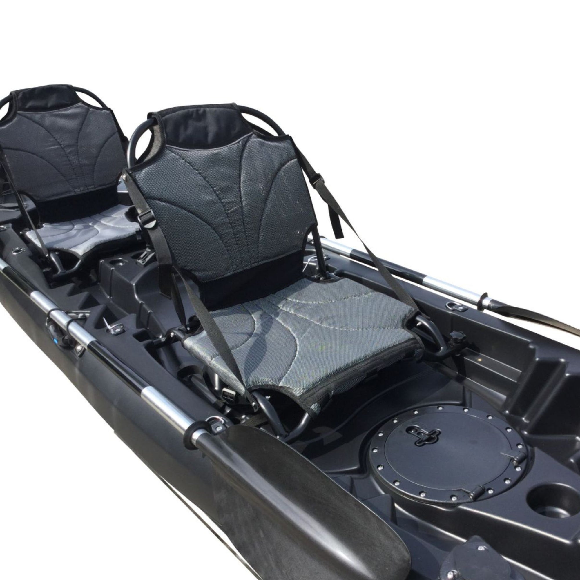 Two Cambridge Kayaks adjustable frame seats mounted on a tandem kayak, showing a dual configuration with front and rear seat alignment.