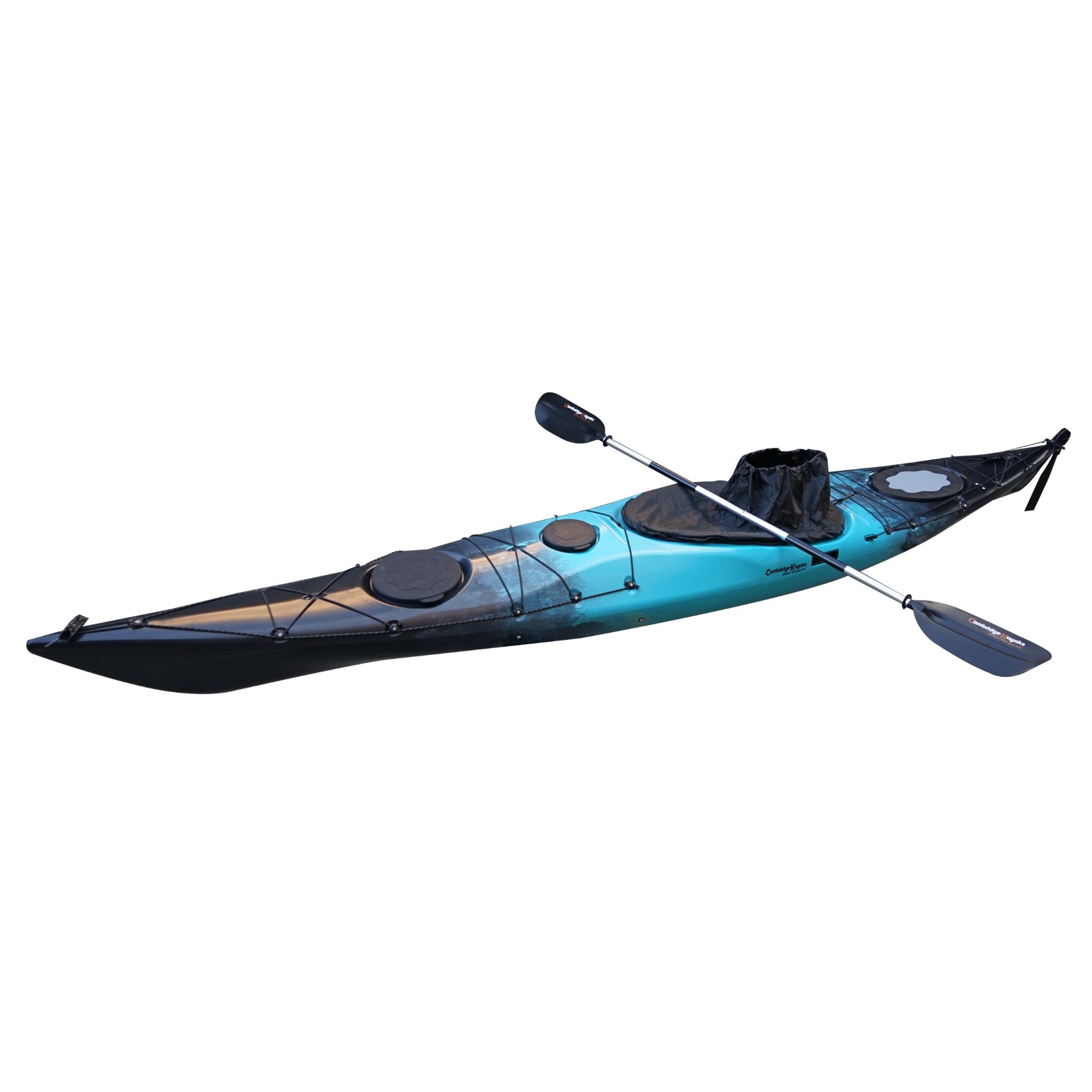 Cockpit view of the Cambridge Kayaks Explorer 430 sit inside kayak in blue black fade, featuring dual hatch storage, adjustable seat, and spacious layout.
